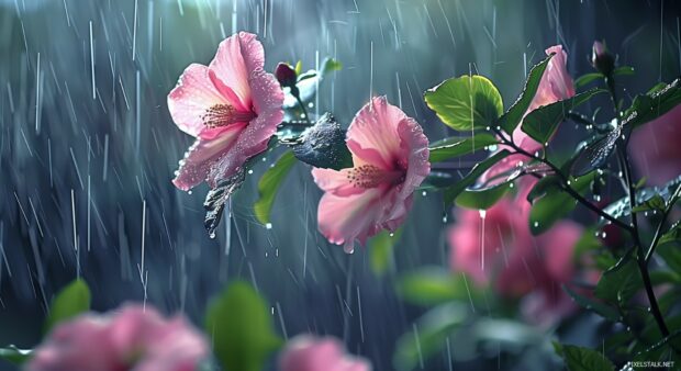 Spring rain shower with raindrops falling on flowers and leaves.