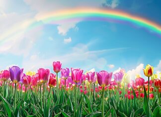 Spring scene of a vibrant rainbow over a blooming field of tulips.