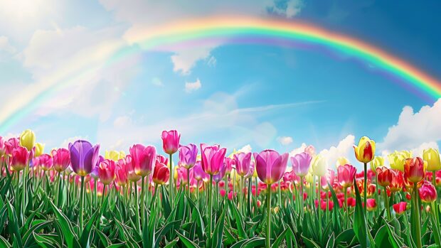 Spring scene of a vibrant rainbow over a blooming field of tulips.