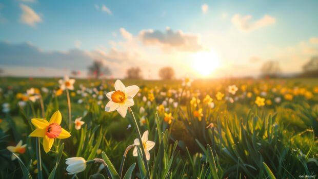 Spring sunrise over a field of tulips and daffodils.