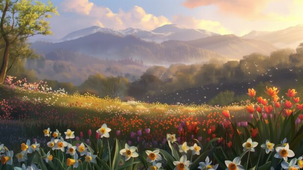 Spring sunrise over a field of tulips and daffodils.