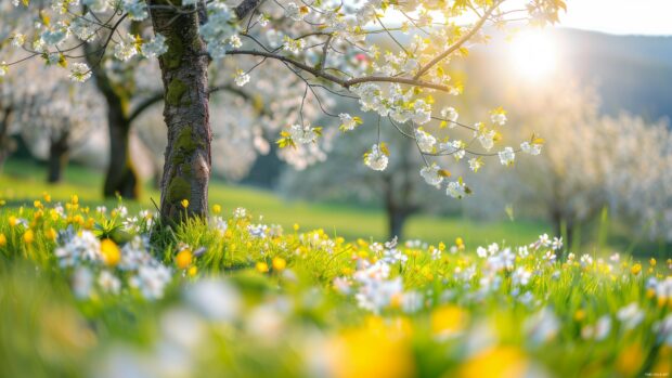 Spring sunshine over a flowering landscape.