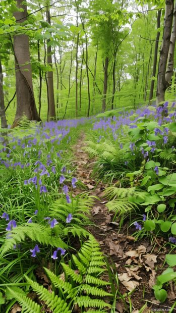 Spring trail through a forest carpeted with bluebells and ferns.