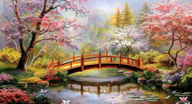 Spring wallpaper HD with a bridge over a stream in a garden full of blossoms.