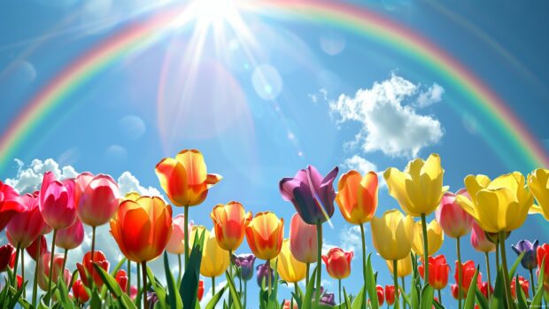 Spring wallpaper for computer of a vibrant rainbow over a blooming field of tulips.