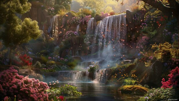 Spring waterfall surrounded by lush greenery and flowers.