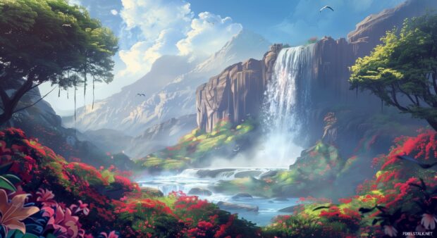 Spring waterfall surrounded by lush greenery and flowers.