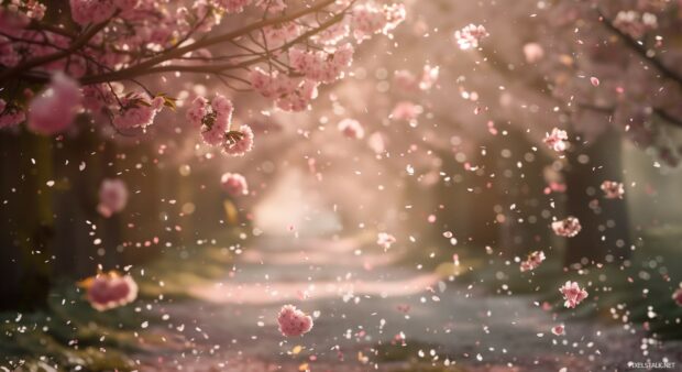 Springtime cherry blossom avenue with petals gently falling in the breeze.