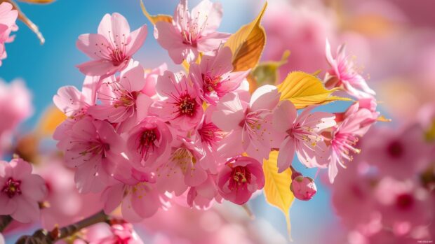 Springtime cherry blossoms in full bloom against a clear blue sky.