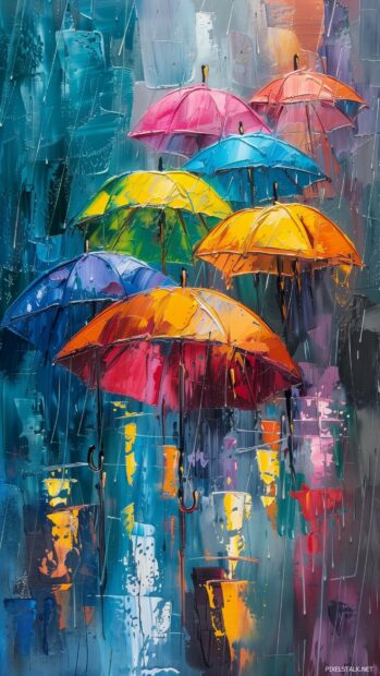 Springtime cityscape background with colorful umbrellas under a light rain.