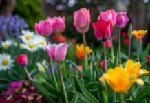 Springtime flower garden with colorful blooms.