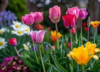 Springtime flower garden with colorful blooms.