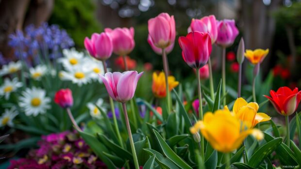 Springtime flower garden with colorful blooms.