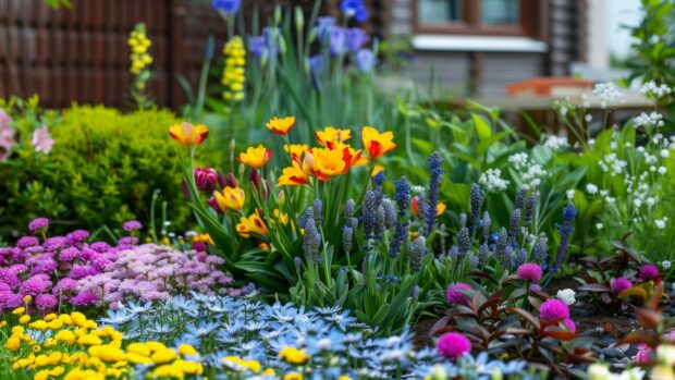 Springtime garden desktop background with colorful blooms.