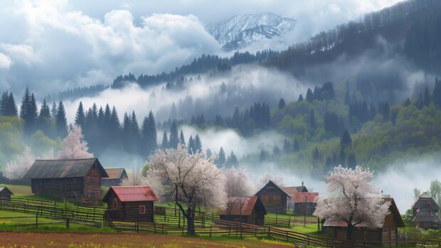 Springtime in a picturesque village wallpaper.