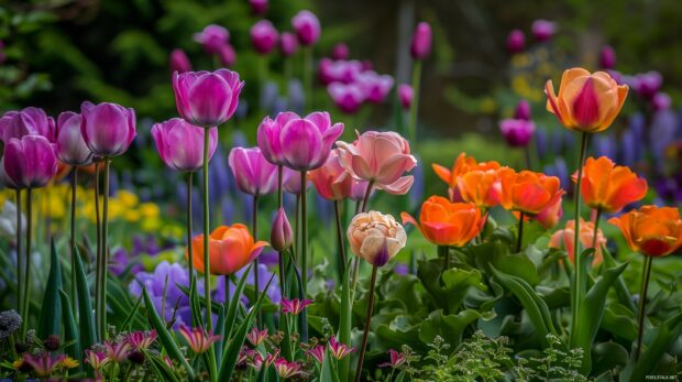 Springtime in a vibrant garden flowers.