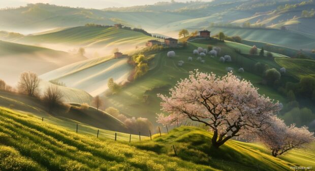 Springtime in the countryside with rolling hills and blooming flowers.