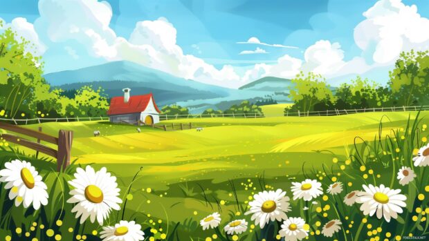 Springtime in the countryside with rolling hills and blooming flowers.