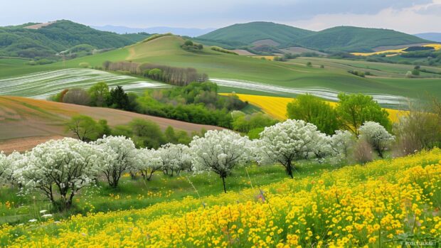 Springtime in the countryside with rolling hills and blooming flowers, Desktop 1080p HD wallpaper.