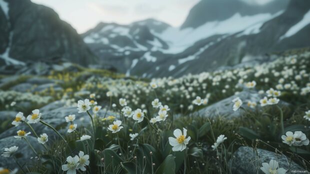 Springtime in the mountains with blooming alpine flowers.