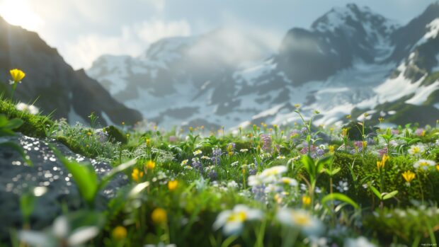 Springtime in the mountains with blooming alpine flowers.