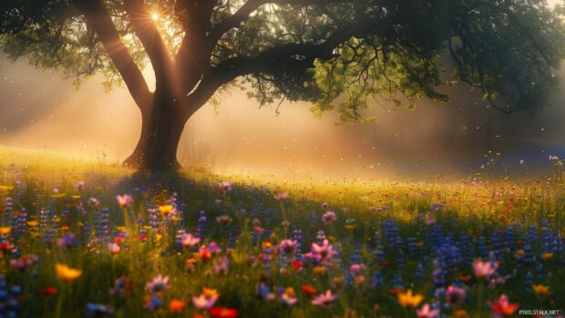 Springtime meadow with a variety of flowers .