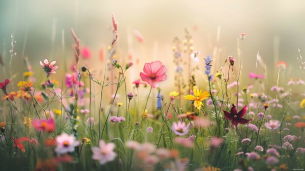 Springtime meadow with a variety of flowers.