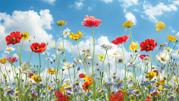 Springtime meadow with a variety of flowers.