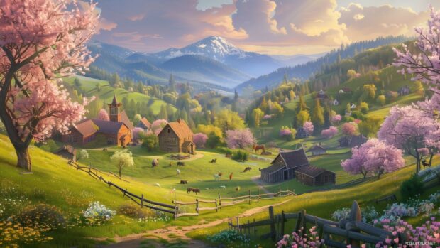 Springtime view of a quaint village nestled among rolling hills.