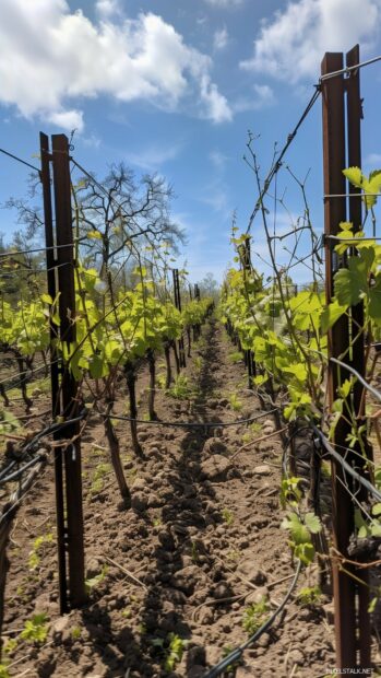 Springtime vineyard with rows of grapevines and budding leaves.