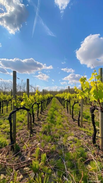 Springtime vineyard with rows of grapevines and budding leaves.