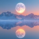 Sun and Moon wallpaper with a balanced composition with the sun over a calm ocean and the moon rising above a mountain range.