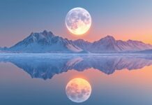 Sun and Moon wallpaper with a balanced composition with the sun over a calm ocean and the moon rising above a mountain range.