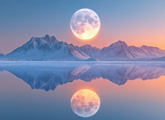 Sun and Moon wallpaper with a balanced composition with the sun over a calm ocean and the moon rising above a mountain range.