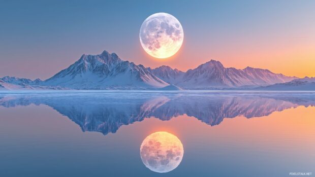 Sun and Moon wallpaper with a balanced composition with the sun over a calm ocean and the moon rising above a mountain range.