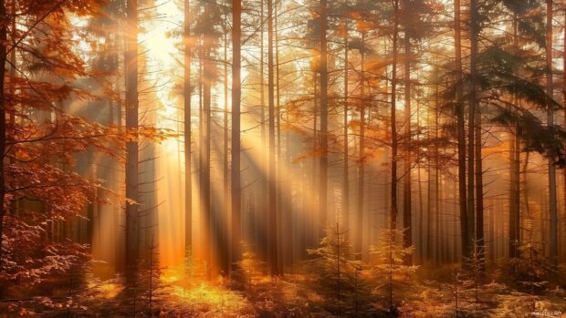 Sunlight filtering through an autumn forest, Fall sunset 2K wallpaper.