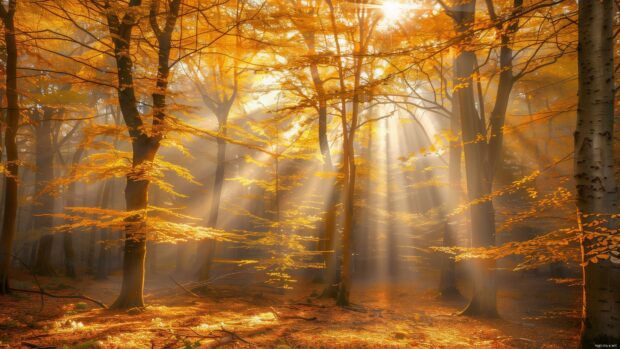 Sunlight streaming through a fall forest.