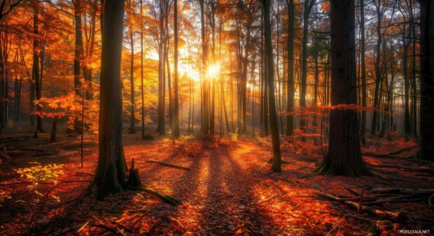 Sunlit autumn forest with vibrant colors.