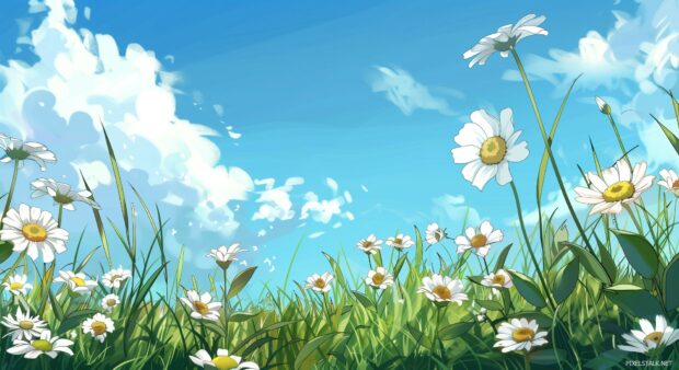 Sunny meadow 1080p Nature Backgrounds HD with daisies, gentle breeze, clear blue sky.