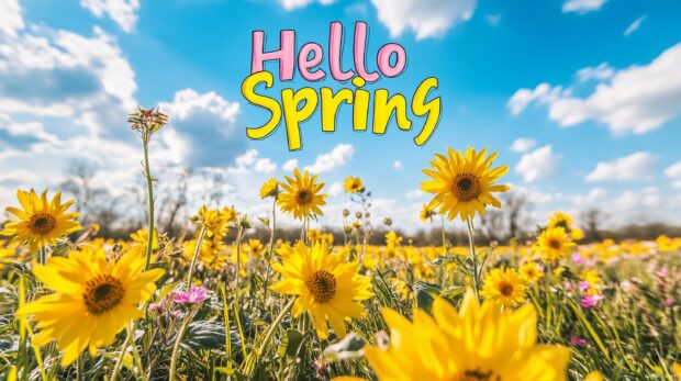 Sunny spring meadow filled with bright yellow sunflowers and wildflowers.