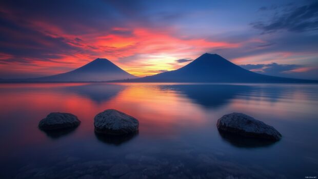 Sunset over a calm lake with mountains in the distance and reflections of the sky on the water.