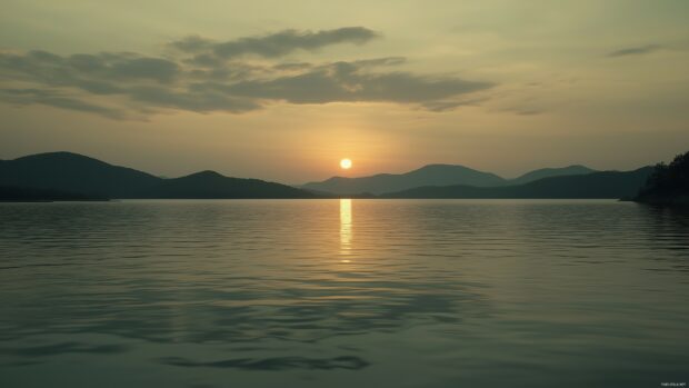 Sunset over a calm lake with mountains in the distance and reflections of the sky on the water.