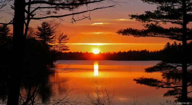 Sunset over a serene lake, silhouettes of trees, calm water, HD 1080p Nature Backgrounds.