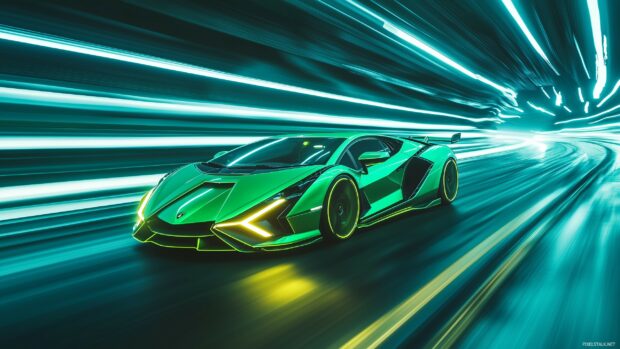 Super Car wallpaper with a Lamborghini Sian in neon green, racing along a futuristic highway with glowing road markings and dynamic lighting effects.