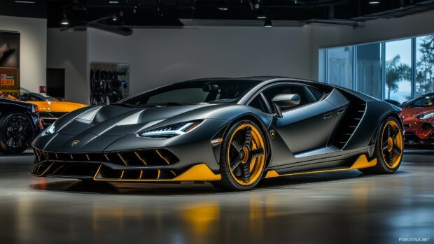 Supercar HD Wallpaper with A Lamborghini Centenario in matte gray, showcased in a high end studio with dramatic spotlighting emphasizing its sharp lines.