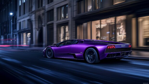 Supercar Wallpaper 4K with a Lamborghini Murciélago in deep purple, captured speeding down a dark, deserted city street.