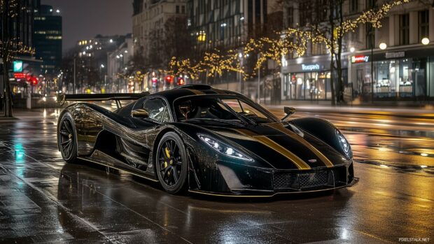 Supercar Wallpaper with a Black hypercar with gold accents.