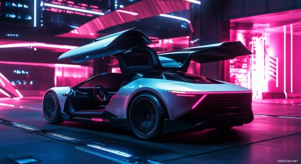 Supercar Wallpaper with a futuristic electric car with gullwing doors open, parked in a high tech urban setting at night.