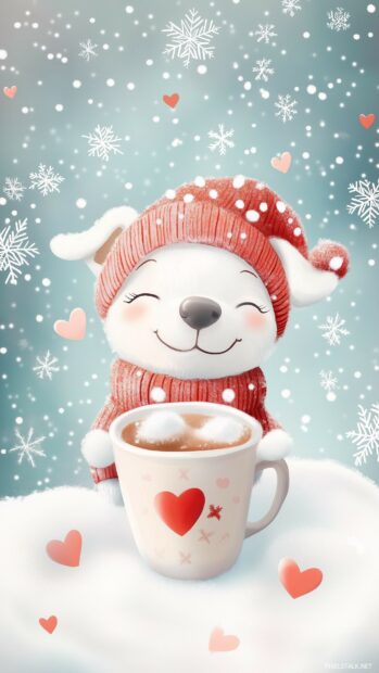 Sweet cartoon dog wearing a tiny hat and scarf, sipping a cup of hot cocoa in a cozy setting, with pastel snowflakes and hearts in the background.