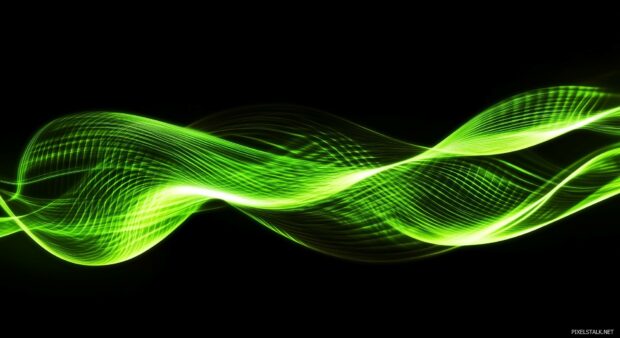 Swirl of neon green light streaks over a dark background, creating contrast and movement in a bold, eye catching design.